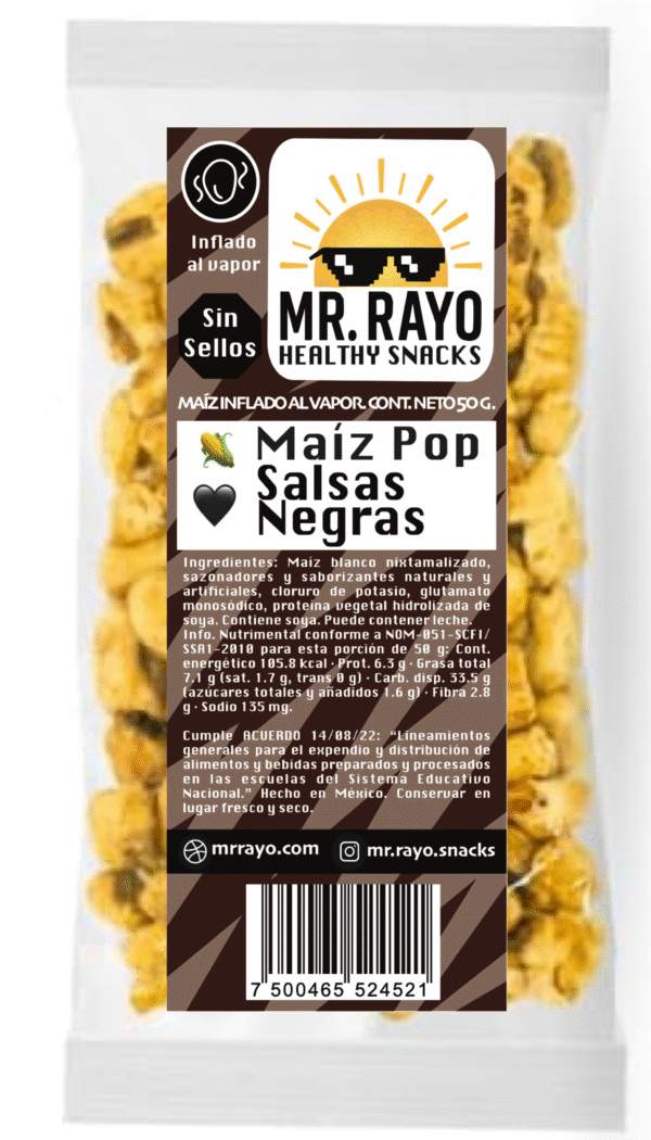 🌽 10 bolsas de 50g de Maíz Pop Mr. Rayo sabor 🖤 Salsas Negras